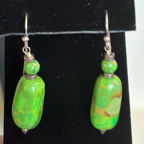 Green turquoise and sterling silver dangle pierced earrings # 179 - Picture 3 of 8